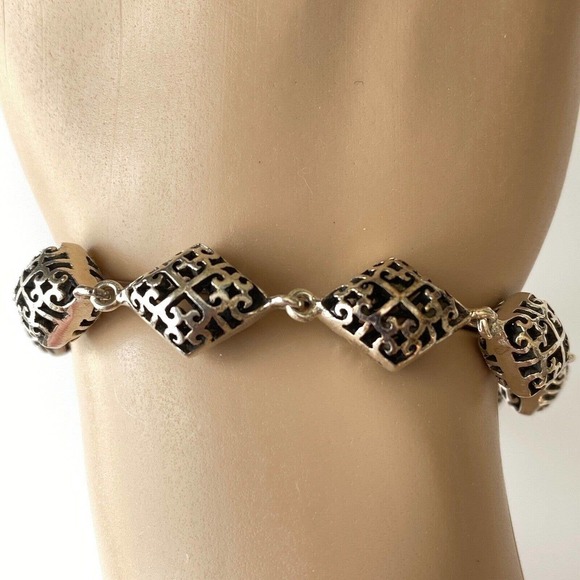 Vintage 925 Sterling Silver Filigree Heart Openwork Chain Link Bracelet - Picture 1 of 4